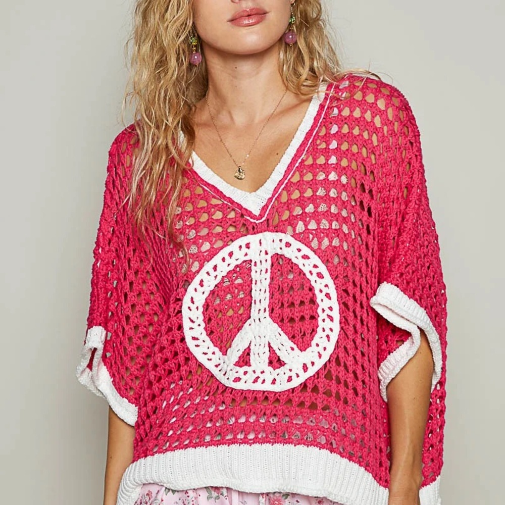POL Pink and White Crochet Sweater